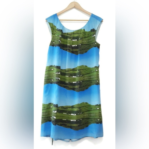 🟦 Anthropologie Silk Landscape Print "Cuillin Dress" by Meadow Rue - Picture 7 of 10